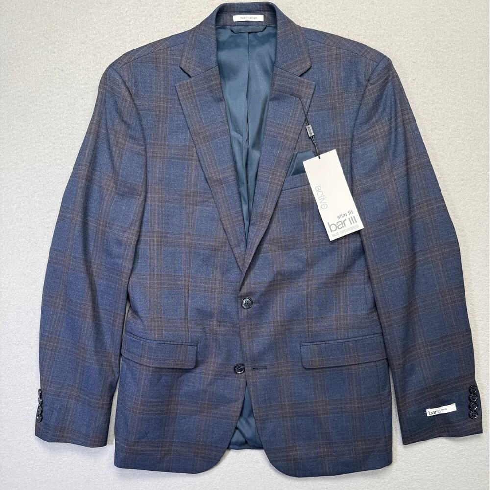 Bar III Men's Slim-Fit Wool Blend Suit Jacket Navy Plaid 38R $425